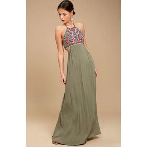 Lulus Little Beach‎ Olive Green Lined Cutout Embroidered Maxi Dress NWT L